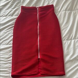 Red Ribbed Midi Pencil Skirt with Slit